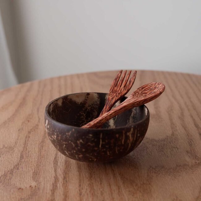 Coconut bowl with spoon and fork