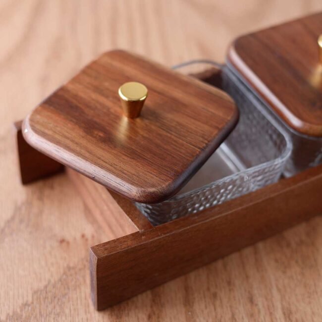 Double wooden hostess with two square glass plates and lids - Image 2
