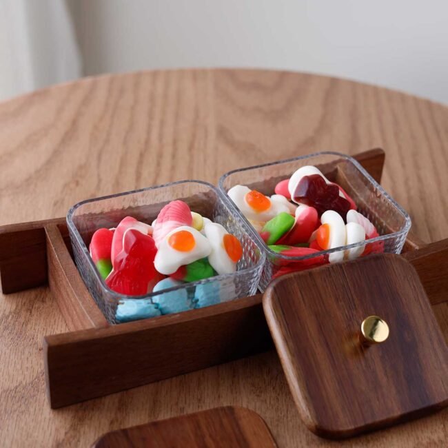 Double wooden hostess with two square glass plates and lids - Image 5