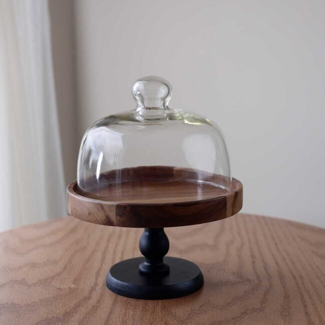 Large Acacia wood hostess with black stand and glass cover - Image 5