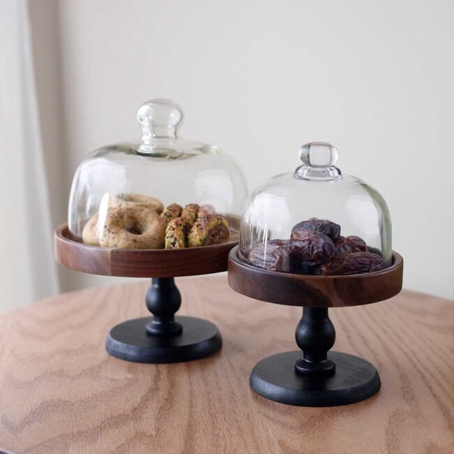 Large Acacia wood hostess with black stand and glass cover - Image 3