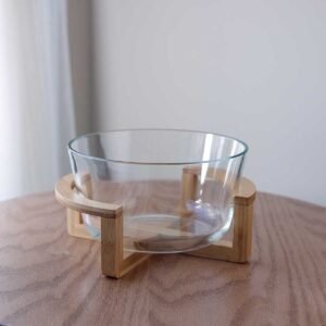 Glass salad plate with wooden base