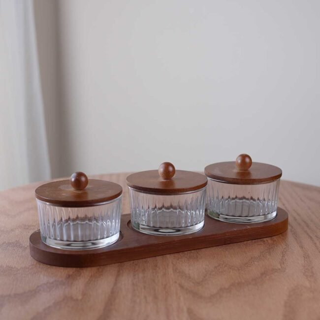 Triple wood hostess with glass plates and lid