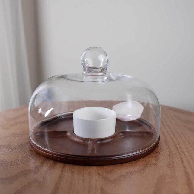 Split wood hostess with glass cover