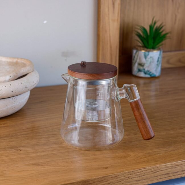 Glass herbal Teapot and handle made of a combination of wood and glass