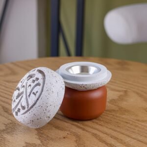 White Textured Rounded Ceramic Incense Burner with a Brown Wooden Base