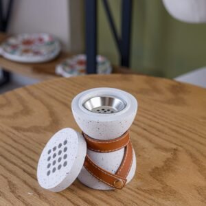 White Textured Ceramic Incense Burner with Brown Leather Wrap