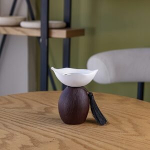 White Leaf Ceramic Incense Burner with a Brown Wooden Base
