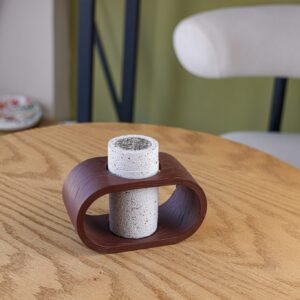 White Cylinder Ceramic Incense Burner with Brown Wooden Holder Base