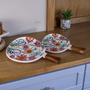 Serving plate with wooden handle