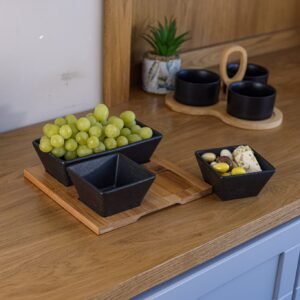 Flat Wooden Tray with 3 Bowls (Square and Rectangular)