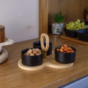 Round Wooden Tray with 3 Round Ceramic Bowls