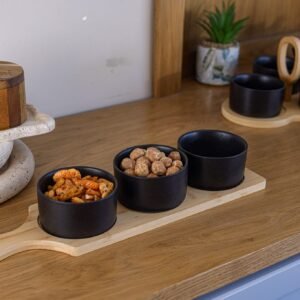 Rectangular Wooden Tray with 3 Round Ceramic Bowls