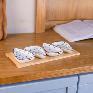 Decorative Ceramic Serving Bowl Set (4 Pieces) with Wooden Tray