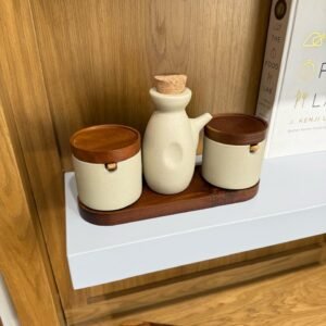 Ceramic Oil and Spice Set with Wooden Base