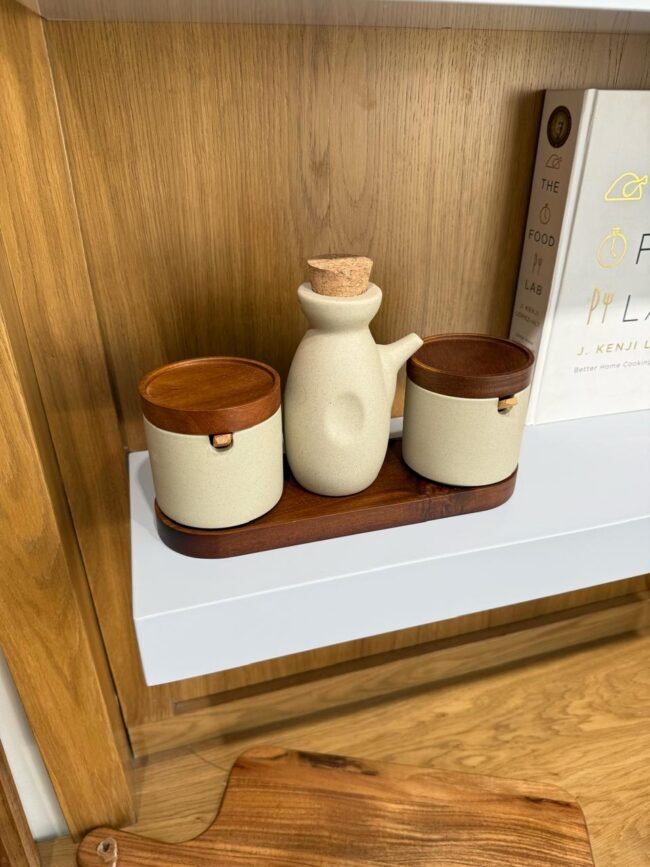 Ceramic Oil and Spice Set with Wooden Base