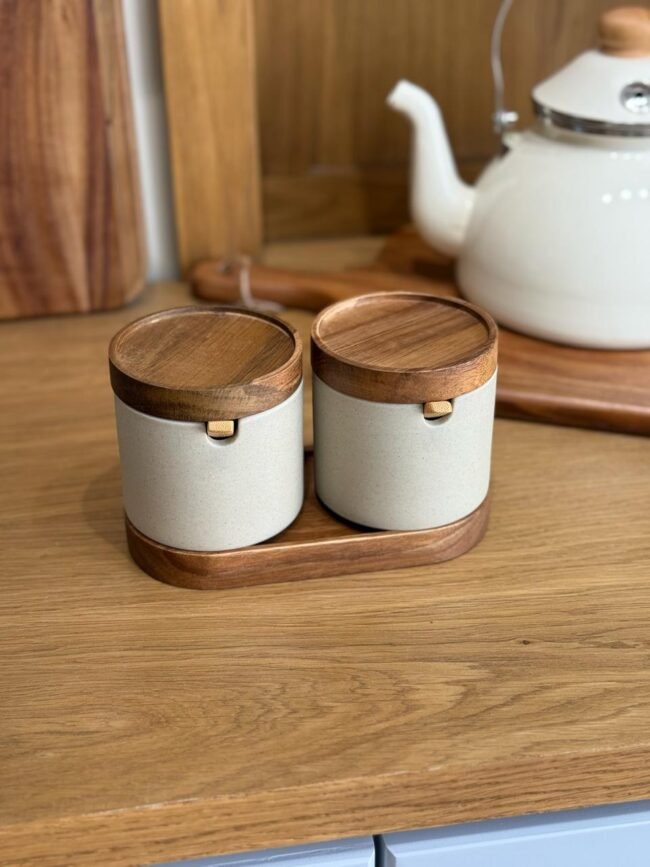 Ceramic Storage Jar Set with Wooden Lid and Spoon