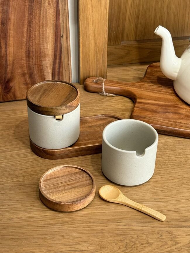 Ceramic Storage Jar Set with Wooden Lid and Spoon - Image 2