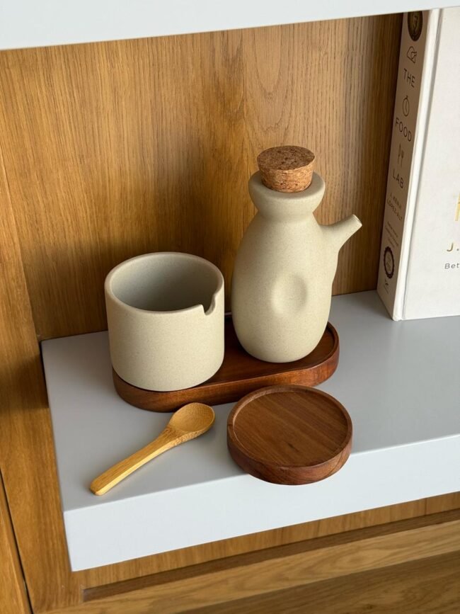 Ceramic Oil and Spice Set with Wooden Base - Image 2