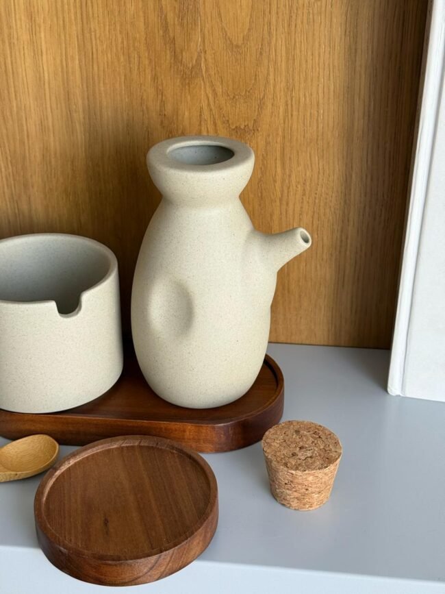 Ceramic Oil and Spice Set with Wooden Base - Image 3