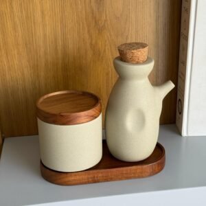 Ceramic Oil and Spice Set with Wooden Base