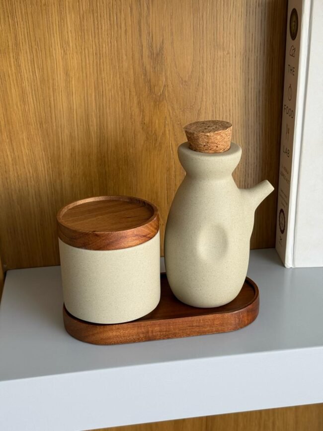 Ceramic Oil and Spice Set with Wooden Base