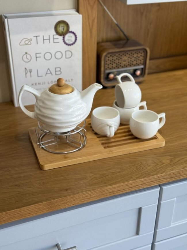 Porcelain Tea Set with Teapot, 4 Cups, and Candle Warming Base