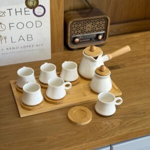 Porcelain Tea Set with Teapot, 6 Cups, and Wooden Tray