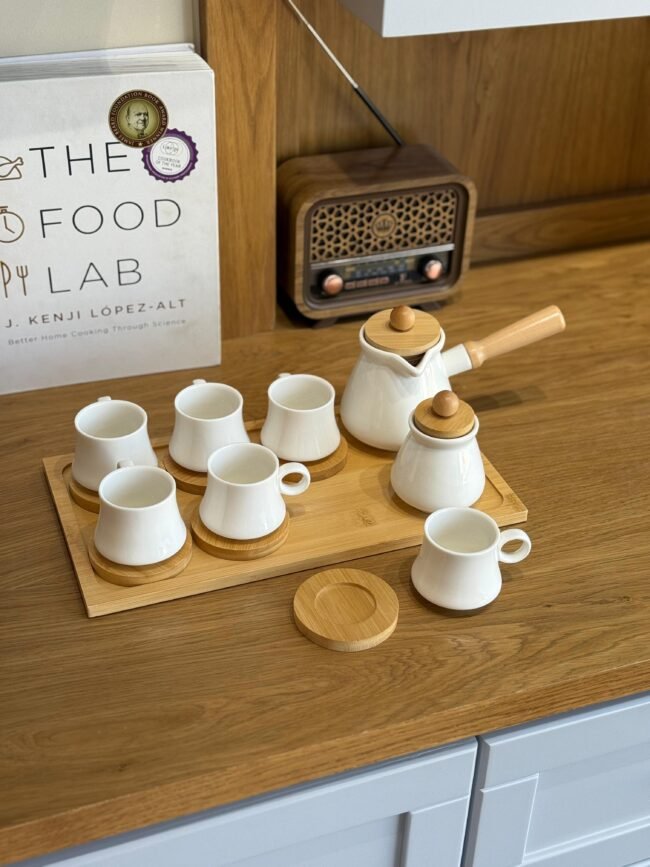 Porcelain Tea Set with Teapot, 6 Cups, and Wooden Tray