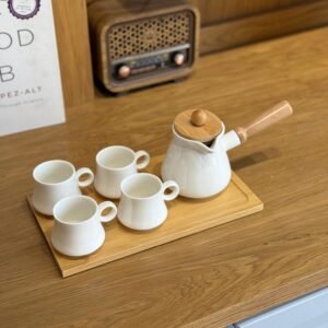Porcelain Tea Set with Teapot, 4 Cups, and Wooden Tray