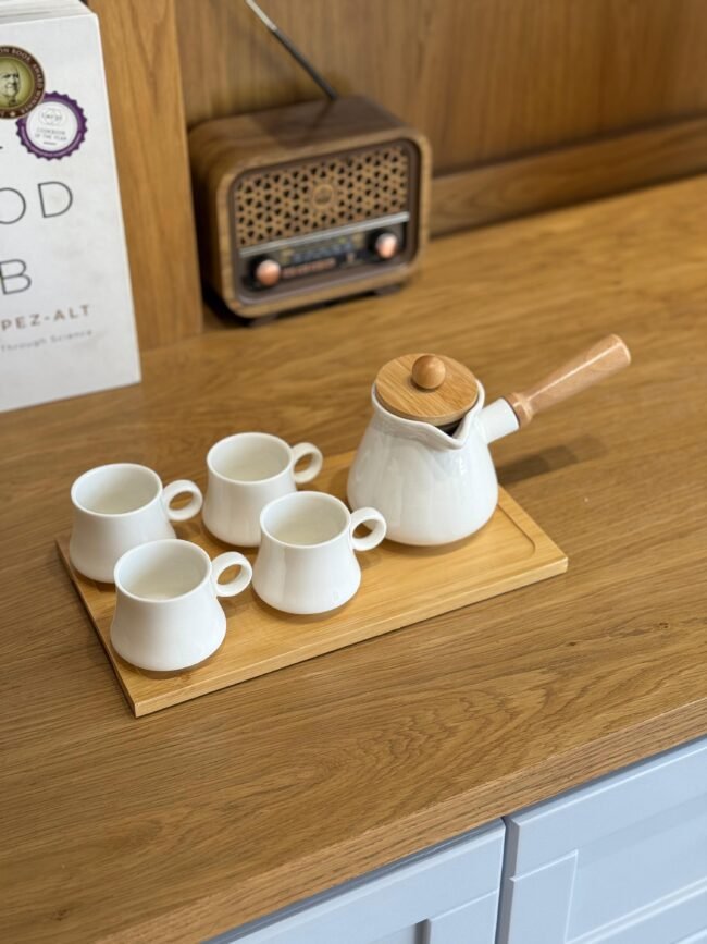 Porcelain Tea Set with Teapot, 4 Cups, and Wooden Tray
