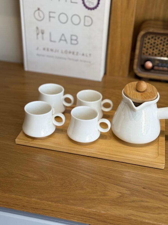 Porcelain Tea Set with Teapot, 4 Cups, and Wooden Tray - Image 2