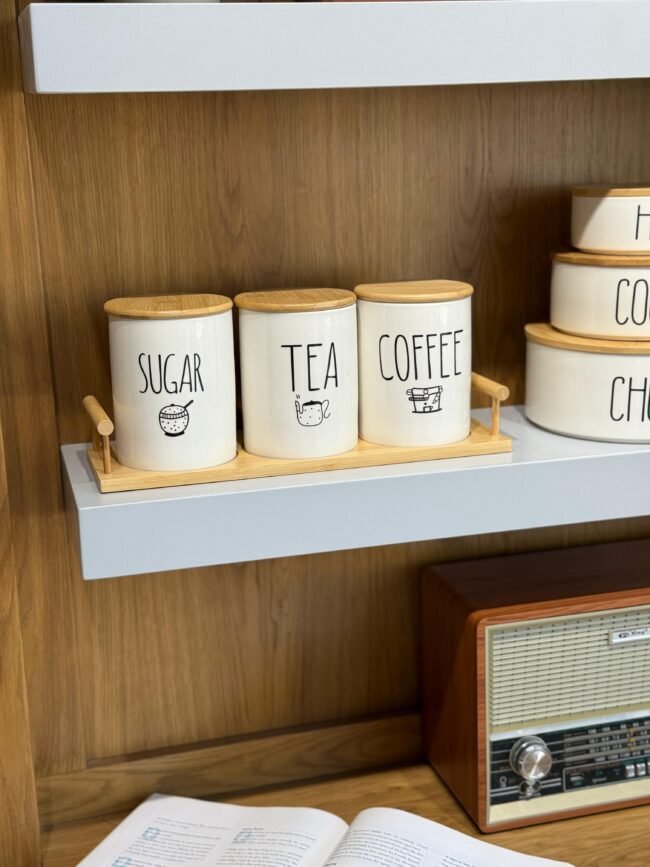 Tea, Coffee & Sugar Storage Jars Set with Wooden Tray - Image 2