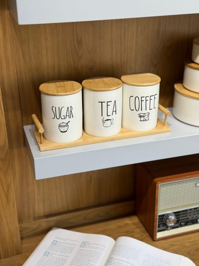 Tea, Coffee & Sugar Storage Jars Set with Wooden Tray