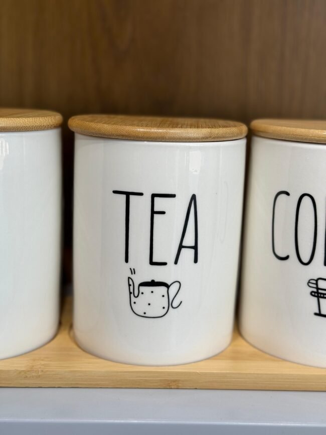 Tea, Coffee & Sugar Storage Jars Set with Wooden Tray - Image 4
