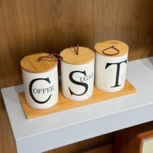 Modern Tea, Coffee & Sugar Storage Jars Set with Wooden Tray