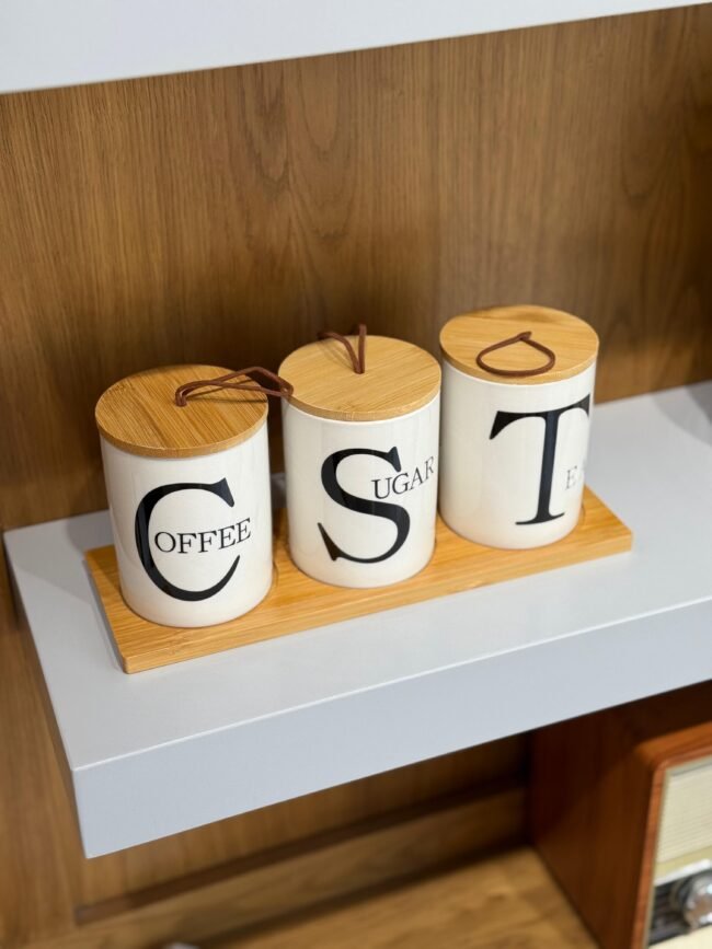 Modern Tea, Coffee & Sugar Storage Jars Set with Wooden Tray