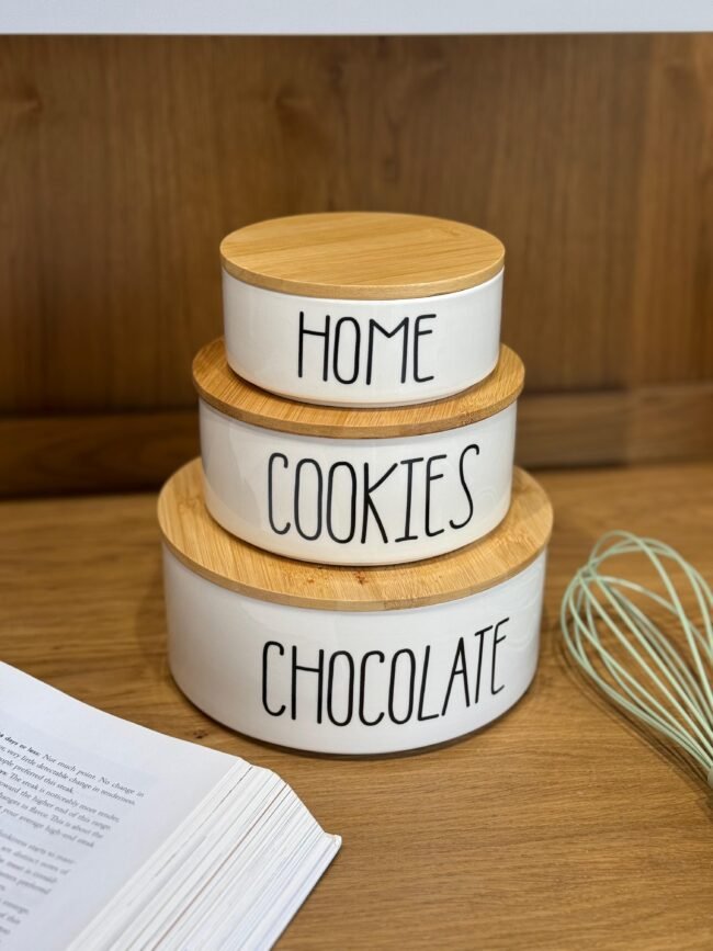 3-Piece Round Porcelain Storage Jars with Wooden Lids