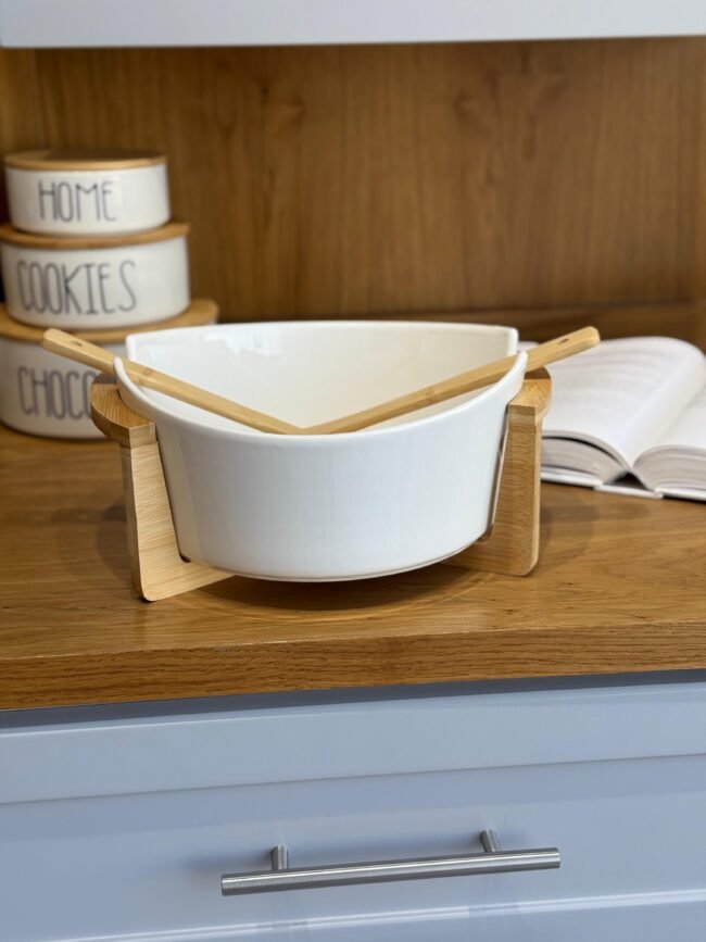 Porcelain Serving Bowl with Wooden Base and Utensils - Image 3