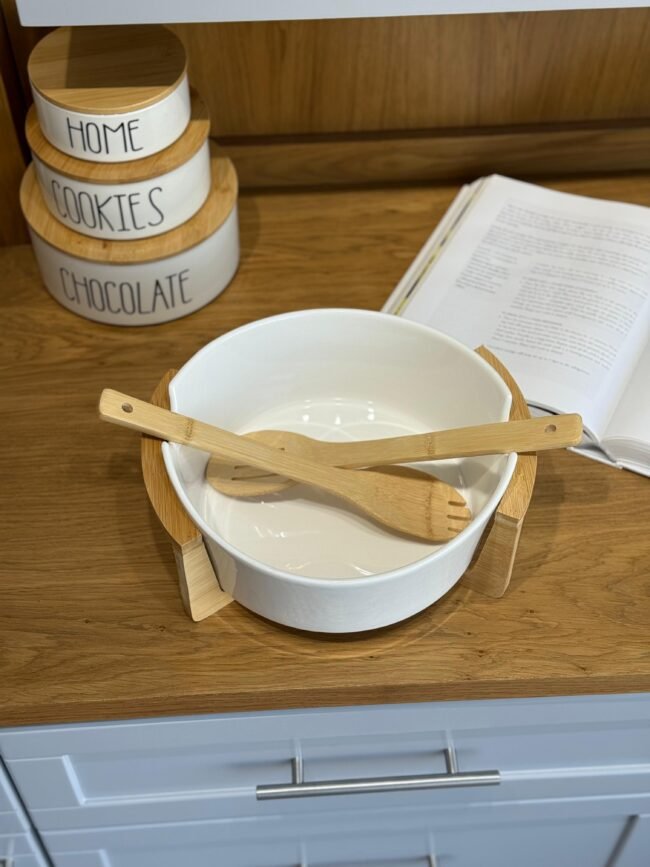 Porcelain Serving Bowl with Wooden Base and Utensils - Image 4
