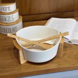 Porcelain Serving Bowl with Wooden Base and Utensils
