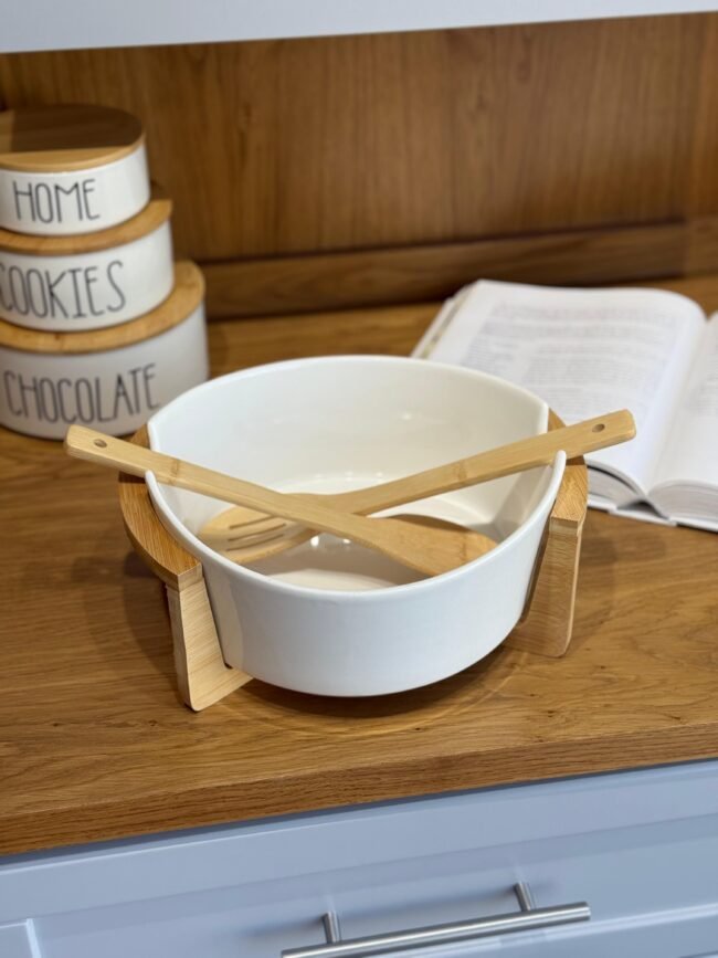 Porcelain Serving Bowl with Wooden Base and Utensils