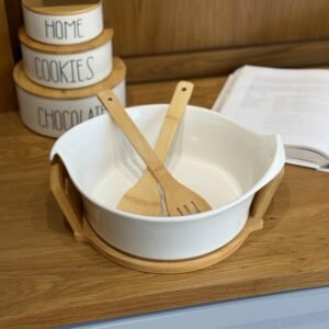 Porcelain Serving Bowl with Wooden Base and Utensils