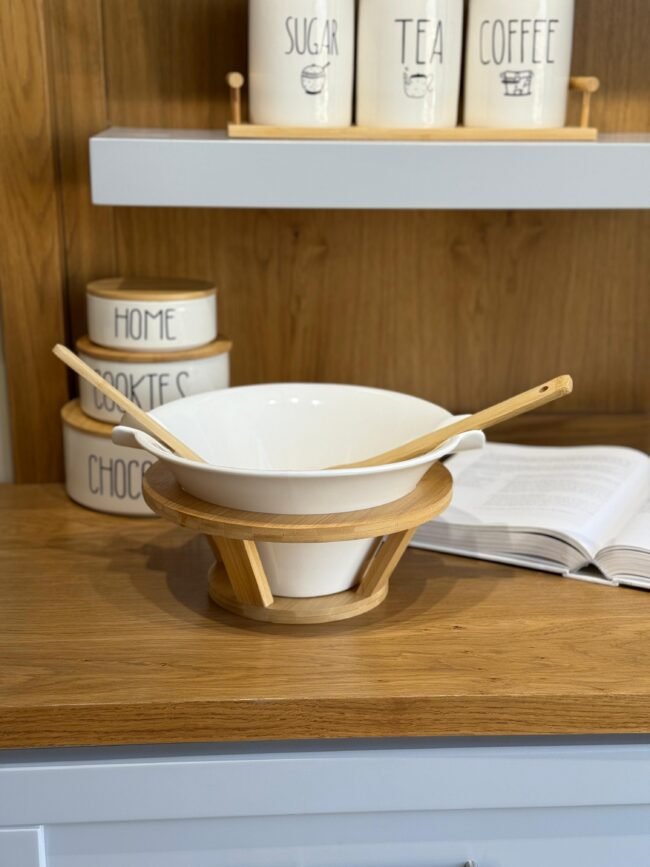 Porcelain Serving Bowl with Wooden Base and Utensils - Image 2