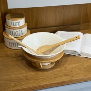 Porcelain Serving Bowl with Wooden Base and Utensils