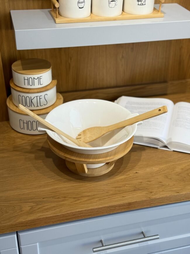 Porcelain Serving Bowl with Wooden Base and Utensils