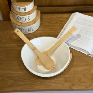 Porcelain Serving Bowl with Wooden Base and Utensils