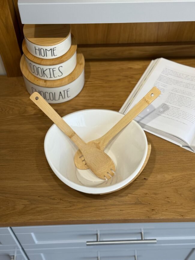 Porcelain Serving Bowl with Wooden Base and Utensils