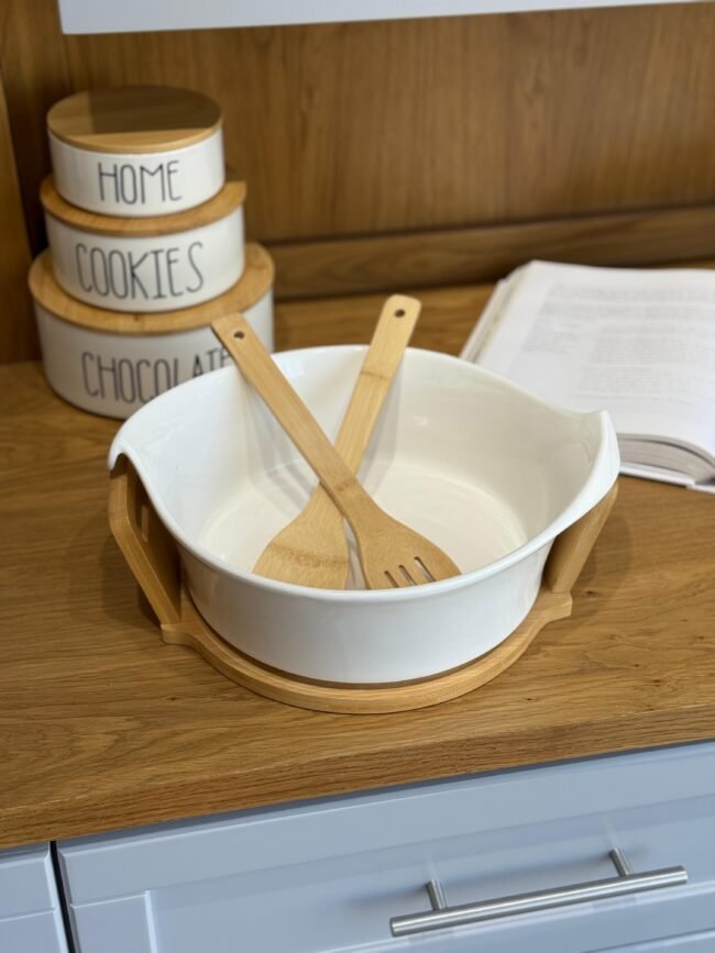 Porcelain Serving Bowl with Wooden Base and Utensils