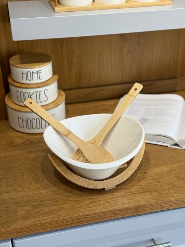 Porcelain Serving Bowl with Wooden Base and Utensils - Image 3